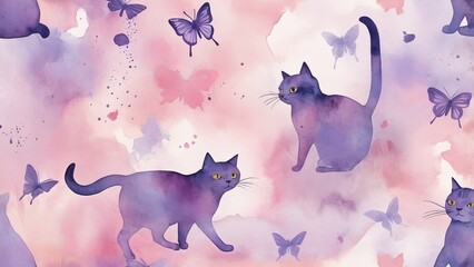 Two purple cats with butterflies in watercolor style, creative background