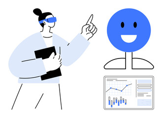 Person holding a tablet and presenting data to an audience. Large happy face, data charts visible on the screen. Ideal for business presentations, data analysis, corporate training, educational