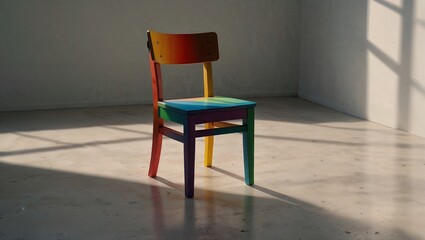 Wooden chair with rainbow colors. in an empty room. Minimal abstract LGBTQIA2S+ concept. Sexuality, freedom of choice and minority idea. Copy space.