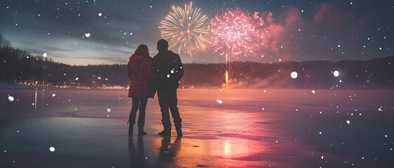 A couple standing at the edge of a frozen lake