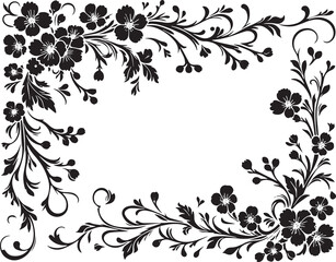 sakura branches in victorian flourish decoration, corner border, black and white illustration,