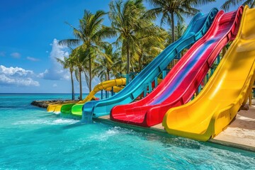 Obraz premium Colorful Slides on Water Park Near the Beach