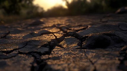 Obraz premium Close-up of cracked, dry earth at sunset.