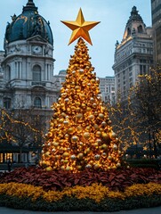 Majestic Christmas tree adorned with golden ornaments and star in city square outdoors, holiday...