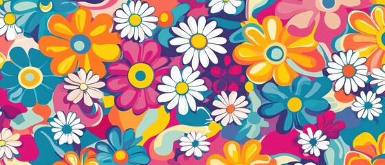 Naklejka premium Vibrant Retro 70s Flower Power Pattern, Psychedelic Floral Background