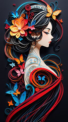 Naklejka premium Whimsical quill art showing a woman silhouette surrounded by colorful paper and intricate decorative motifs