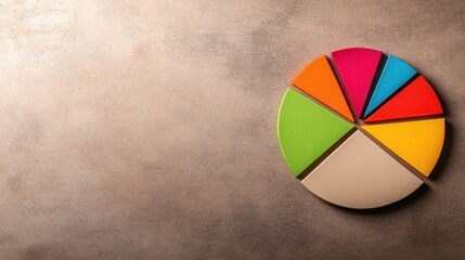 Fototapeta premium A vibrant pie chart with colored segments on a textured brown background, ideal for visual presentations, educational materials, or marketing content demonstrating data distribution or analysis,