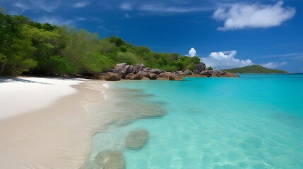 Fototapeta premium Tropical Island Beach Scene With Lush Greenery And Clear Turquoise Water