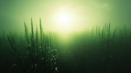 Obraz premium Dense crops rising in misty field under bright sunlight