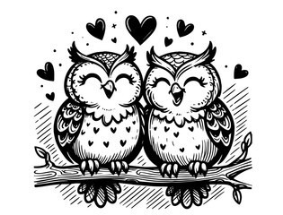Fototapeta premium cute owl couple in black and white romantic illustration
