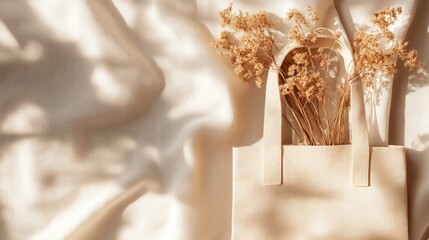 Obraz premium Minimalist Tote Bag with Dried Flowers on Soft Background