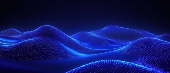 Fototapeta premium Abstract Blue Glowing Particle Waves, Digital Landscape Background