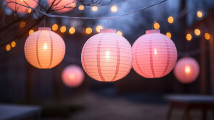 Soft pink lanterns illuminate outdoor celebration area