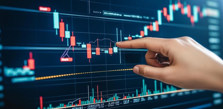A hand pointing at the stock market chart on an interactive digital screen, with candlestick charts and real-time data