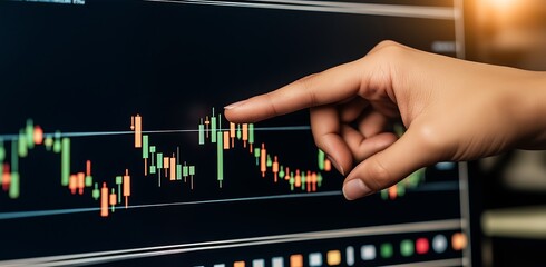 A hand pointing at the stock market chart on an interactive digital screen, with candlestick charts and real-time data