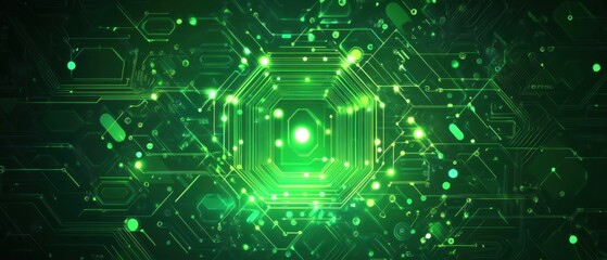 Obraz premium Abstract Green Circuit Board Technology Background with Glowing Lines and Nodes