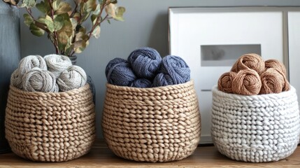 Fototapeta premium Cozy Knit Yarn in Natural Baskets with Soft Neutral Color Palette