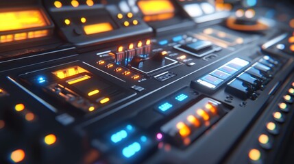 Obraz premium Futuristic Control Panel with Illuminated Buttons and Switches