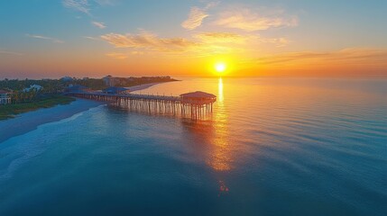 Fototapeta premium A serene sunset over a pier, reflecting on calm waters.