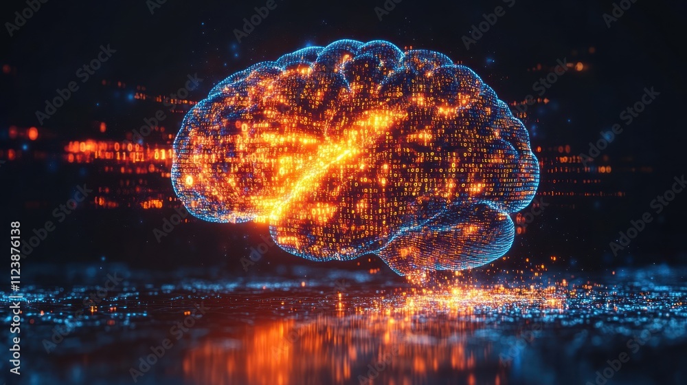 Poster digital representation of a glowing brain with data visualization.