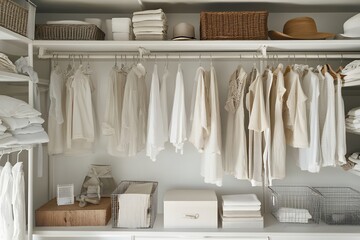 ホワイトとベージュで統一された洗練されたクローゼット収納 | Elegant closet storage in white and beige tones