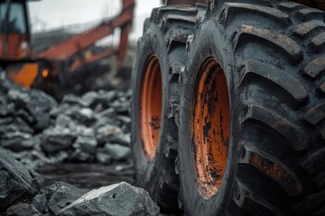 Massive Tires on Construction Site:  A close-up view of massive tires on a heavy duty construction vehicle, showcasing the power and scale of machinery used in heavy construction projects.