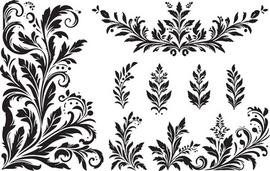 Therophyte Plant in victorian flourish decoration, corner border, black and white illustration,