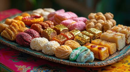 Fototapeta premium A colorful assortment of traditional sweets arranged on a platter.