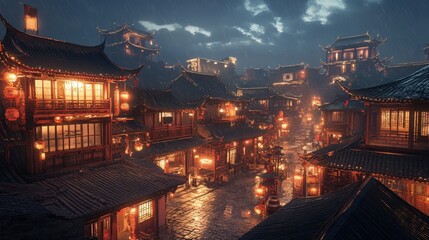 Rain-soaked Asian town at night, illuminated by warm lantern light.