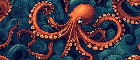 Vibrant Octopus Illustration in Swirling Ocean Waves, Artistic Underwater Scene