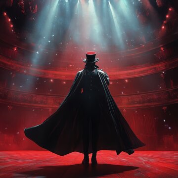 Mysterious figure in top hat, long cape, red stage.