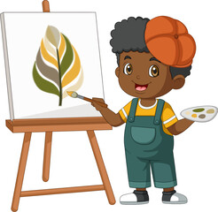 cute boy painting leaf on canvas