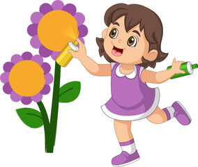 Cute girl paint drawings on wall using spray paint cartoon