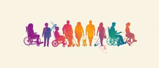 Fototapeta premium Colorful Silhouettes of Diverse People in Wheelchairs and Walking, Promoting Inclusion