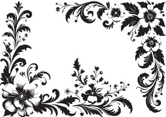 Obraz premium Violet flower in victorian flourish decoration, corner border, black and white illustration,
