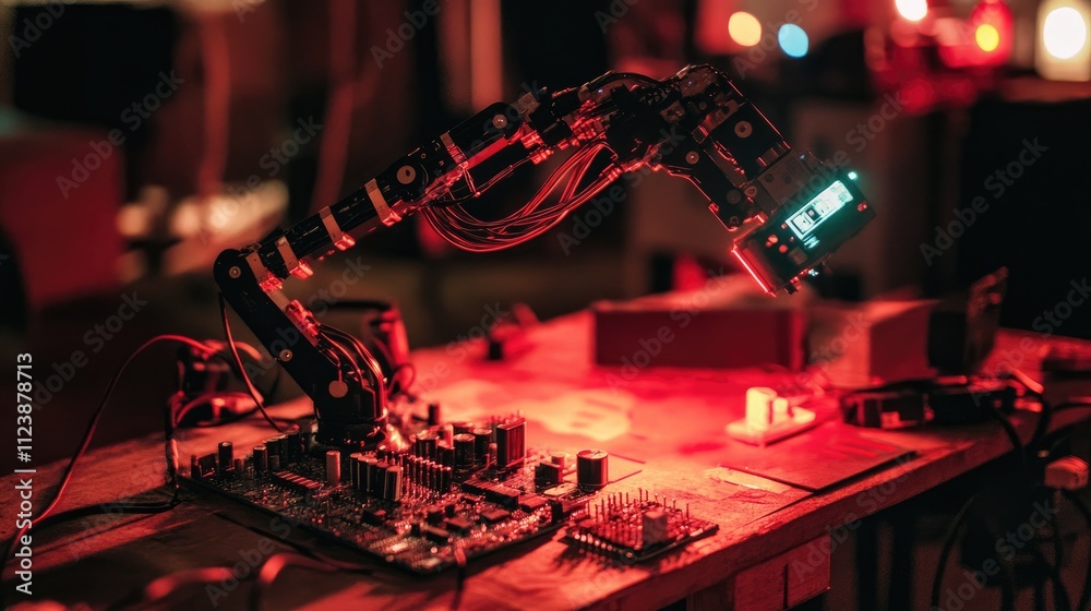 Poster robotic arm with circuit board and red lighting in tech lab