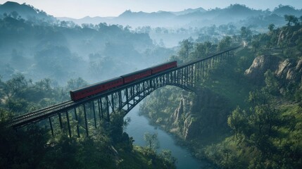 Obraz premium Scenic Train Crossing over Green Valley with Mountains in Background