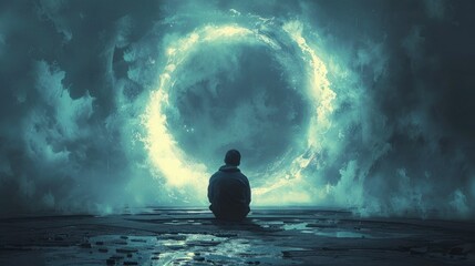 Obraz premium Person sits before a glowing celestial ring in a surreal, dark landscape.