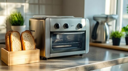 Modern Stainless Steel Toaster Oven on Kitchen Countertop