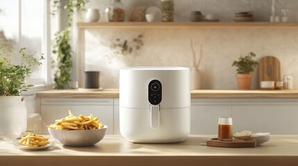 Modern kitchen with air fryer and golden French fries on table