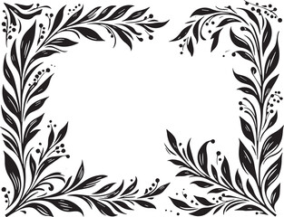 Obraz premium Willow branches in victorian flourish decoration, corner border, black and white illustration,