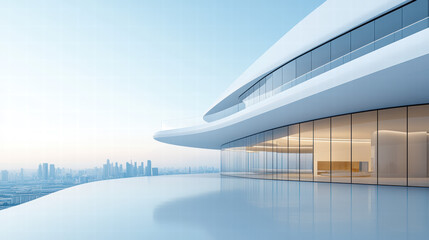 Modern architecture, a curved glass curtain wall, a light blue sky, a skyline in the distance, clean and transparent floor-to-ceiling windows