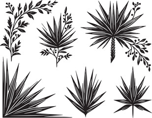 Yucca Leaf in single line decoration drawing, corner border, black and white illustration,