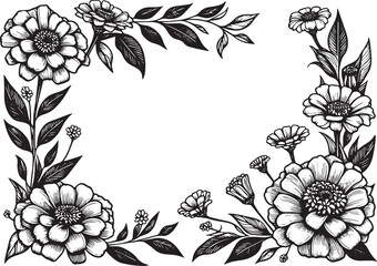 Zinnia flower in single line decoration drawing, corner border, black and white illustration,