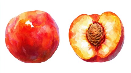 Fototapeta premium Ripe peach with fuzzy skin, sliced in half showing pit, transparent background