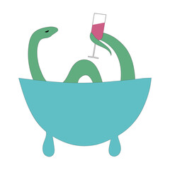 Green Snake. Chinese new year symbol .Bathroom relaxation . Snake in bathroom drinking wine from a glass . Animal washing in the bathroom .Relaxed