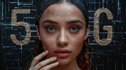 Woman's face overlaid with digital data, 5G network background.