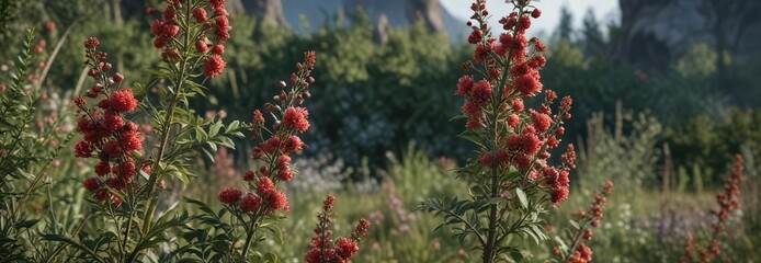 A sprawling canes with thorny stems and abundant clusters of berries in full bloom , nature, summer garden, tangled vines