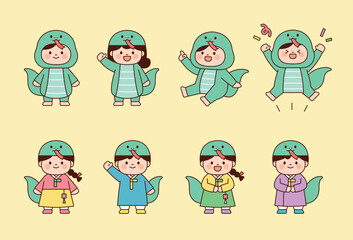 Naklejka premium A collection of cute children wearing snake costumes and children dressed up as snakes in traditional Korean clothing.