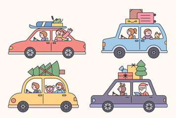 Naklejka premium A variety of people traveling by car. Side view of car. The roof of the car is fully loaded with luggage. Family, friends, Santa, couple.